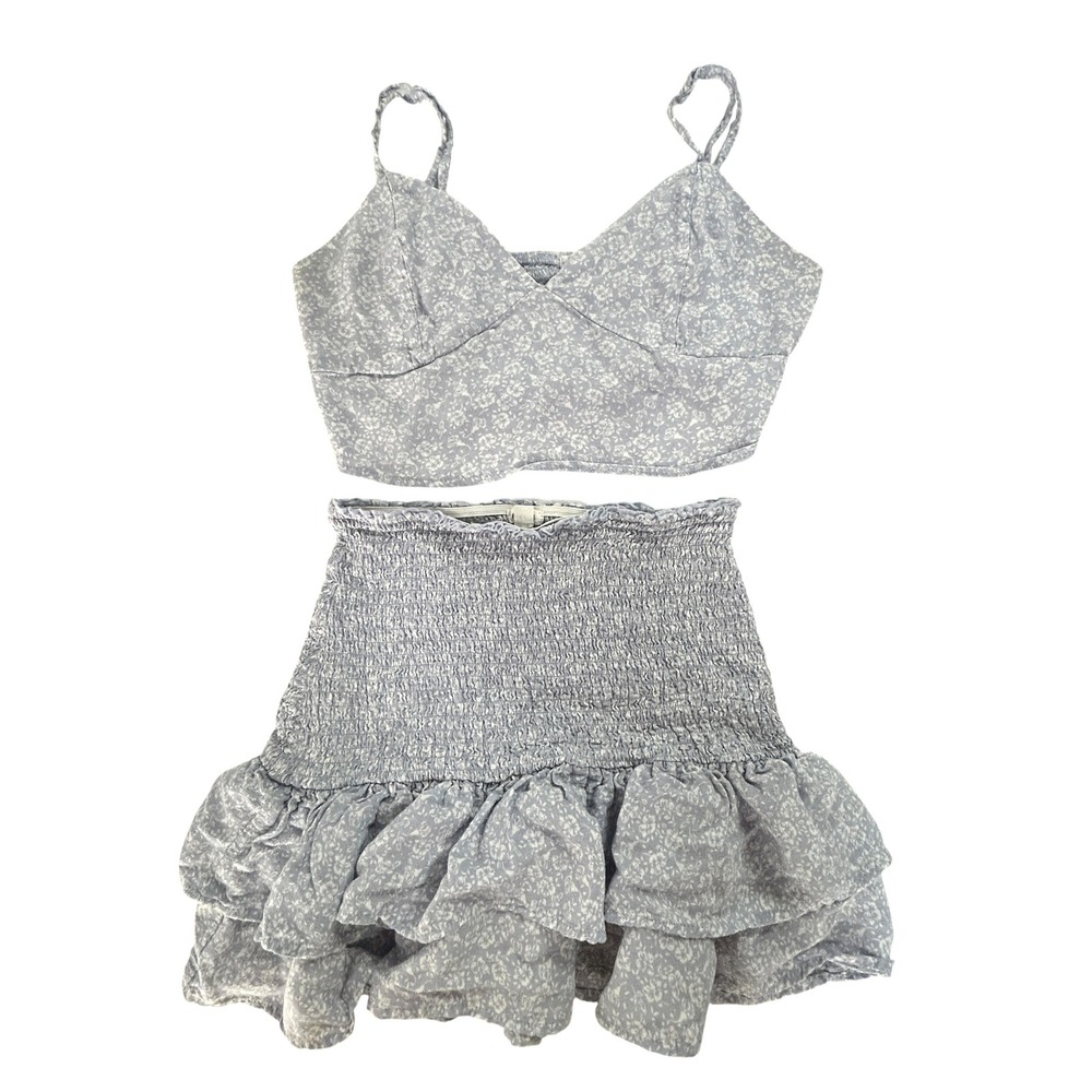 Cottagecore Floral Two Piece Skirt Set S Blue Smocked Ruffle Co-ord Coquette